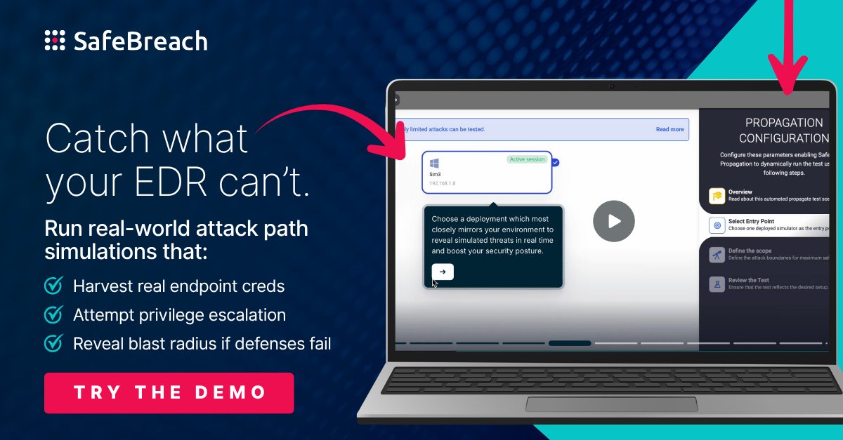 safebreach's tweet photo. See what your EDR misses with SafeBreach Propagate.
Our enterprise-grade testing solution maps real post-breach attack paths—including lateral movement, credential theft, and privilege escalation—before attackers can exploit them. Run an attack path demo: https://t.co/PEADduMtXx https://t.co/PkcGtoAWVC