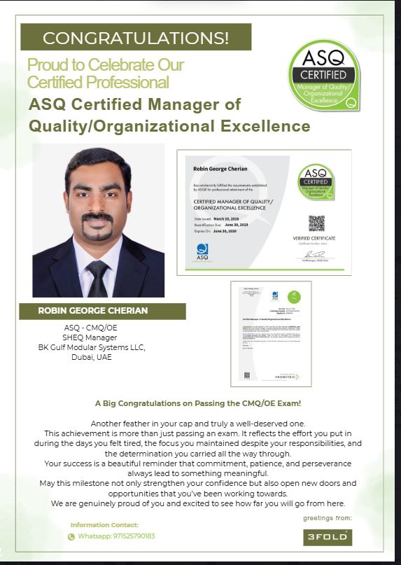 3foldtraining's tweet photo. 3FOLD TRAINING is proud to present our student, Robin George Cherian George who has successfully passed the CMQ/OE certification!
We sincerely thank you for trusting us to be part of your journey.

#3FOLD #CMQOE #SuccessStory #QualityLeadership #ASQ https://t.co/Q0nTycMGt7