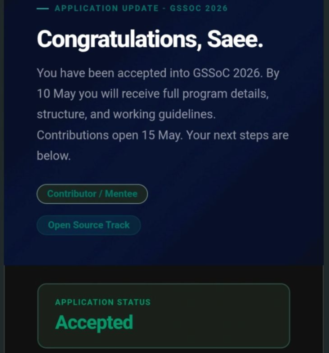 saeeevy's tweet photo. Selected as a Contributor for GirlScript Summer of Code 2026! 
Looking forward to building consistently and making meaningful contributions along the way. 💻✨

@GirlScriptSoC  #GSSoC2026 
GSSOC26-8E01CE13 
#GSSoC2026 #OpenSource #BuildInPublic https://t.co/XR57y9WD2S