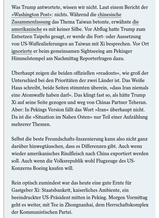 CoDieckmann's tweet photo. Analyse zum ersten Gipfeltag: Xi und Trump schmeicheln einander – aber Differenzen bleiben. Vor allem die Unterschiede in den offiziellen »readouts« sind aufschlussreich.

https://t.co/ffTAKmG24p https://t.co/CJNq1Yk0L8