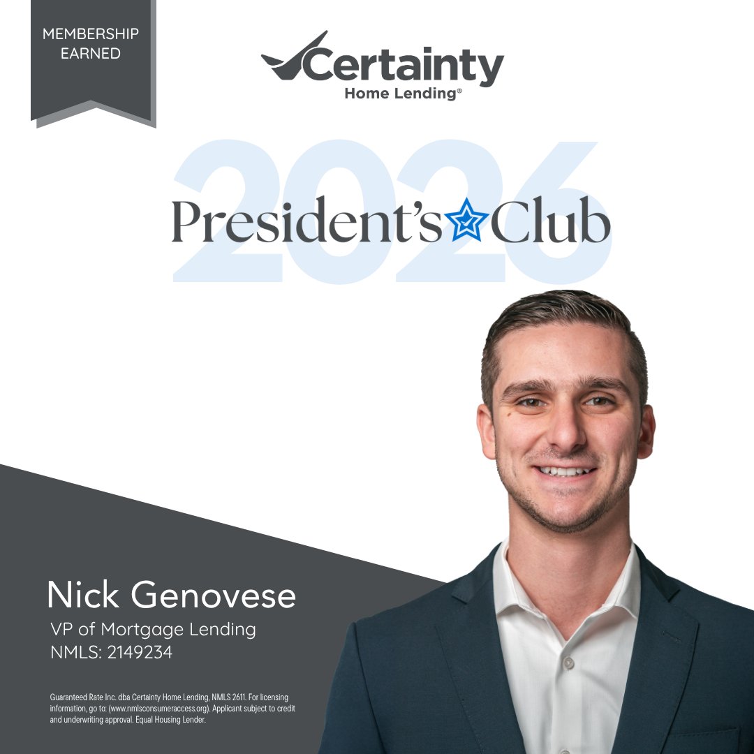 CertaintyLoans's tweet photo. Congratulations to Nick Genovese in the DMV Region for earning President’s Club. Nick’s use of the Same Day Mortgage process helps clients close faster with a strong mix of conventional and VA purchase business driving his success.

#ClosingwithCertainty https://t.co/wpjcPWlONf