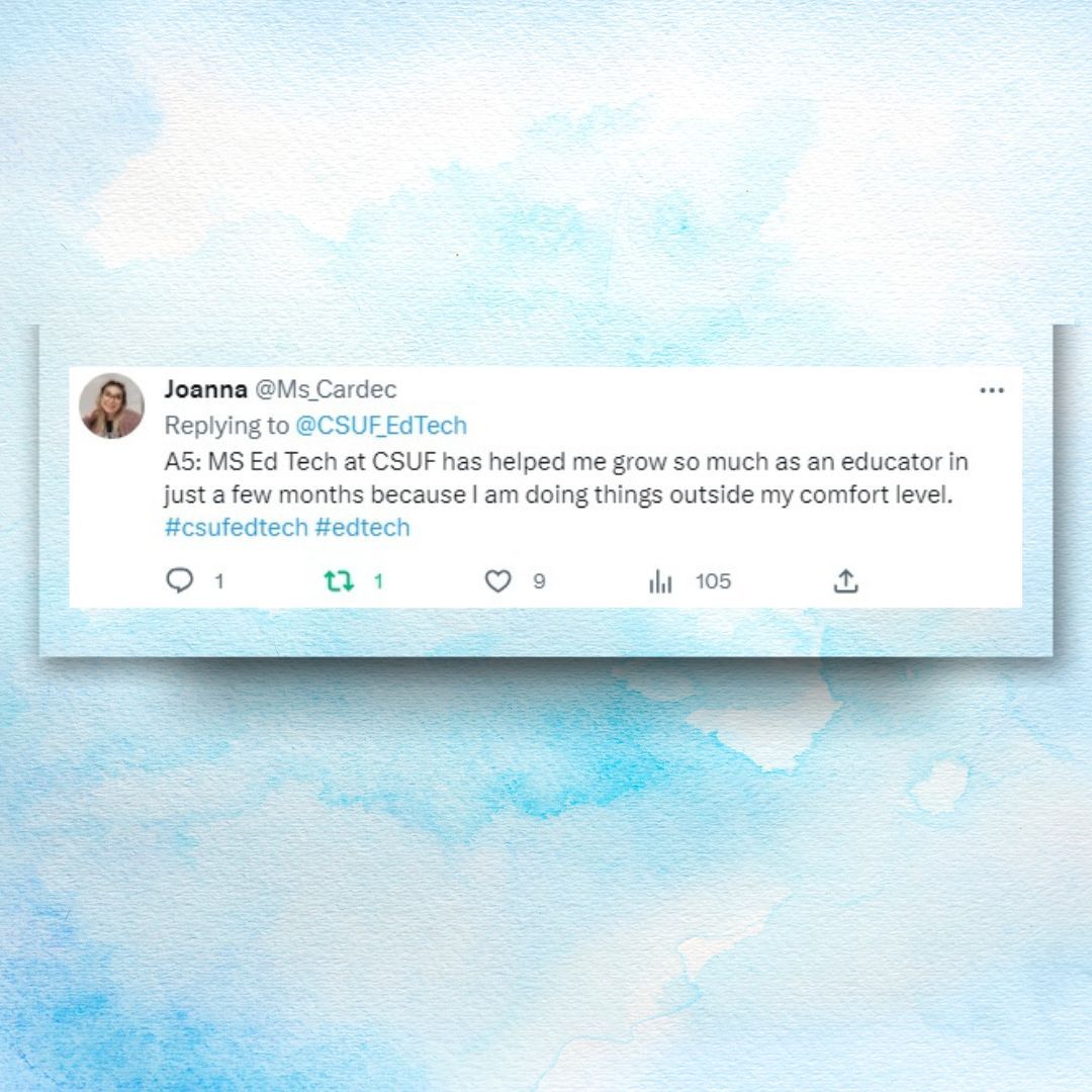 CSUF_EdTech's tweet photo. Joanna @Ms_Cardec @ms.cardec says, "MS Ed tech at @CSUFofficial  has helped me grow so much as an educator in just a few months because I am doing things outside of my comfort level." #whyshouldyoujoinus #BecomeAnEdTechTitan #tellyourfriends @csufcoe https://t.co/O3M0zt09m5