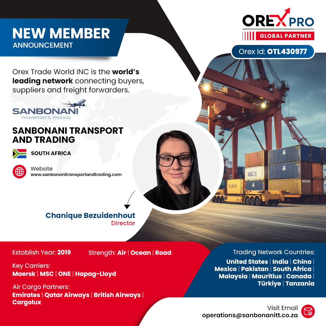Orextradeworld's tweet photo. Welcome Sanbonani Transport and Trading – South Africa to the Orex Trade Network!

Led by Chanique Bezuidenhout (Director), they specialize in Air, Ocean &amp; Road freight solutions. Looking forward to global growth together! 

#OrexTrade #Logistics #FreightForwarding #GlobalTrade https://t.co/8hhd5JTr04