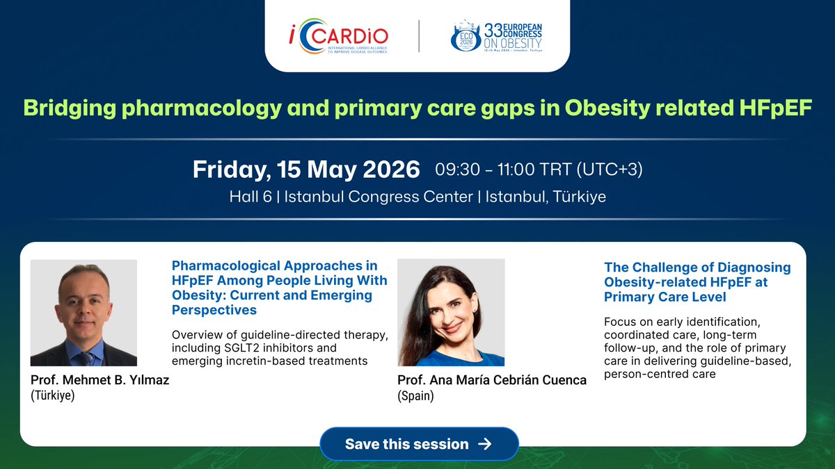 iCardioAlliance's tweet photo. #iCARDIO at #ECO2026 explores where HFpEF care is heading and the gaps in real-world practice. From SGLT2 inhibitors and incretin therapies to diagnosis in primary care, this session links evidence to implementation.

Save this session: https://t.co/OLe2HT4CUl

#HFpEF #Cardiology https://t.co/TBW6Sv2TOE