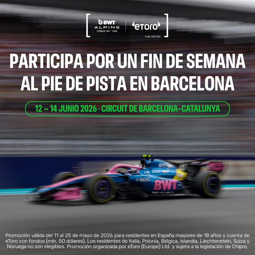 eToroES's tweet photo. ¿Y si tu próximo GP fuera al pie de pista en Barcelona? 🏁

Como Team Partner del BWT Alpine Formula One Team, sorteamos 5 pares de entradas para el Gran Premio de España.

¡Haz clic, lee los T&amp;C y participa ahora!