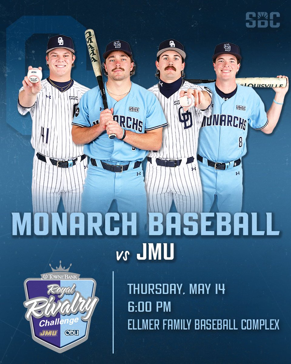 ODUBaseball's tweet photo. Rivalry Weekend In Norfolk

🆚 | JMU
⏰ | 6 pm
🔷 | TowneBank Royal Rivalry
🏟️ | Ellmer Family Baseball Complex
📍 | Norfolk, Va.
📺 | https://t.co/PCiJPmZHCg
📊 | https://t.co/sbBKUIXk6F
🎟️ | https://t.co/DOZHIhrFOu

#ODUSports | #ReignOn | #Monarchs https://t.co/GeYOZtCb2C