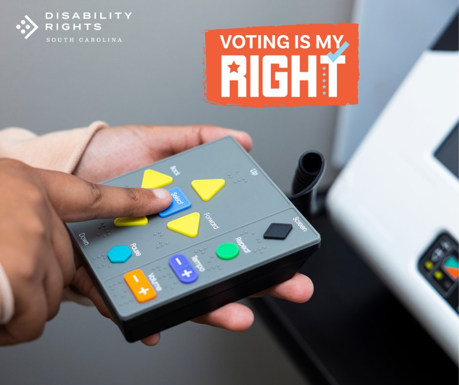 DisabilityRtsSC's tweet photo. Planning  to vote in person on Election Day? The design of the voting machine makes it easy to customize for your specific needs:

• Tabletop placement for wheelchair accessibility.
• Full-color touchscreen display with zoom functionality and a high-contrast mode.
• Audio-tactile keypad.
• Headphone jack.
• Input for Sip-and-Puff Device and other assistive switches.

Need assistance? Notify a poll manager. Voters with disabilities and voters who are blind or unable to read or write may receive assistance in voting. Additionally, poll managers have printed instructions available for voters who are deaf or hard of hearing.