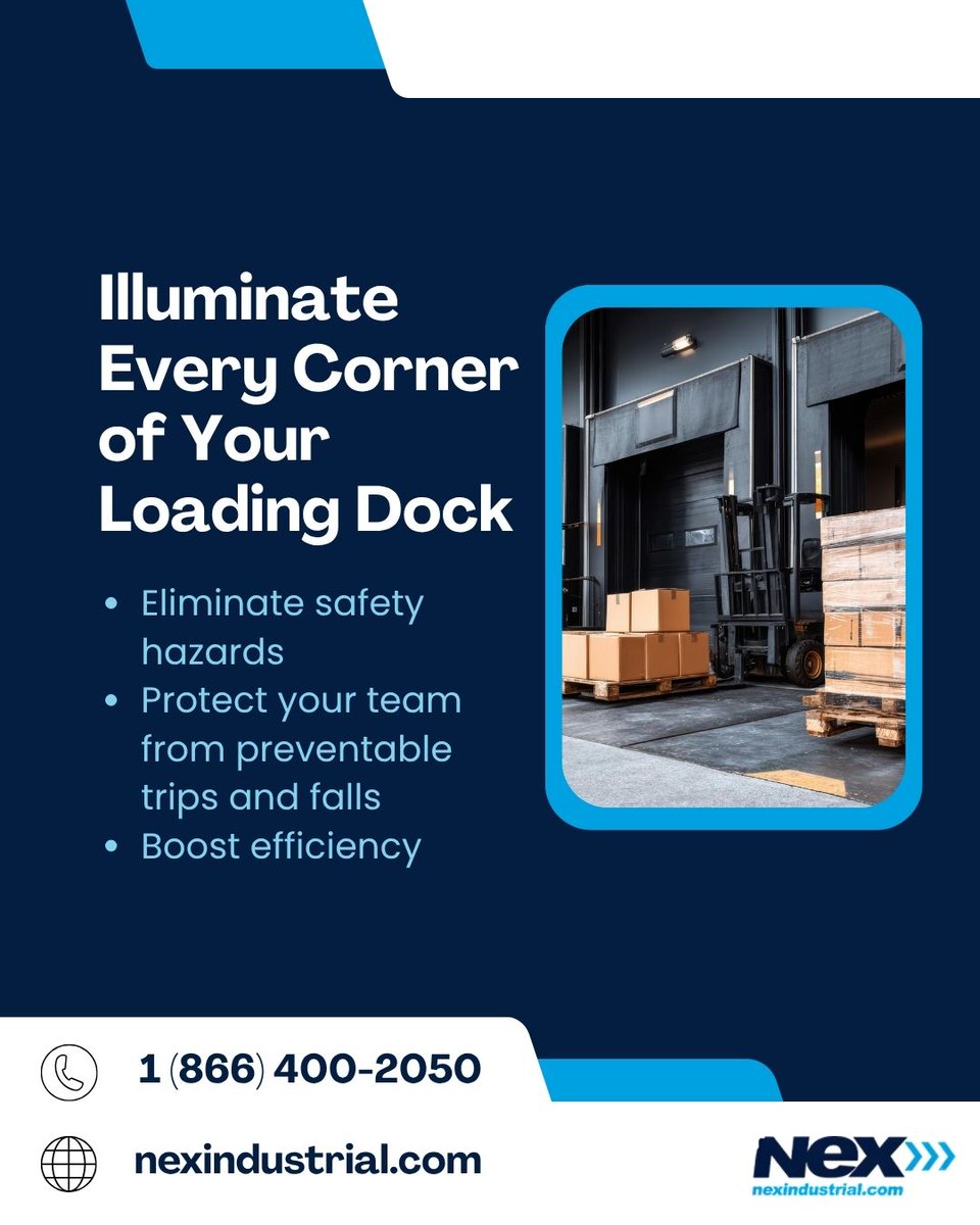 nexindustrial's tweet photo. Dark trailers cause trips, falls, and misread labels. Our LED dock lights deliver high-intensity beams that illuminate the full length of a 53-foot trailer — where standard lighting falls short. Don't let poor visibility put your team at risk. Call 1-866-400-2050. https://t.co/L7SR5hrTP3