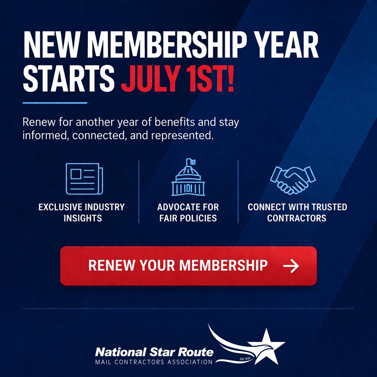 nsrmca's tweet photo. A new NSRMCA membership year begins July 1.
Renew to stay informed, connected, and represented in the industry.

#NSRMCA #MailContractors #PostalIndustry #Membership https://t.co/DK18IoV0zJ