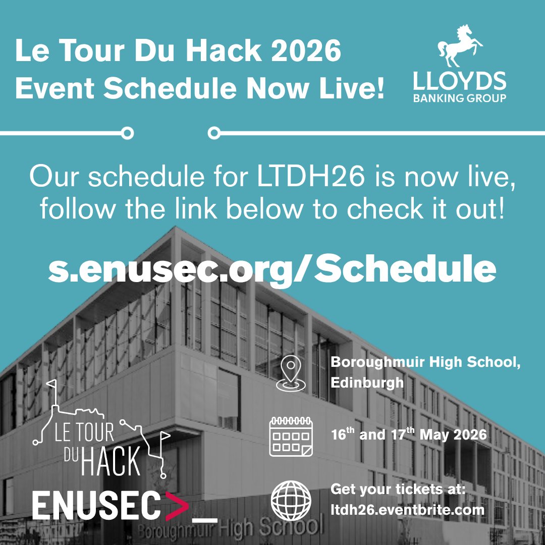 enusec's tweet photo. The event schedule for Le Tour Du Hack 2026 is now live!

If you'd like to plan out what you're going to do ahead of time, head over to https://t.co/yftWPrqAcW to see what we have in store!

@EdinburghNapier
@EdNapierSCEBE
@rjmacfarlane
@billatnapier
@BasilonCyber https://t.co/gK2s69NlSw