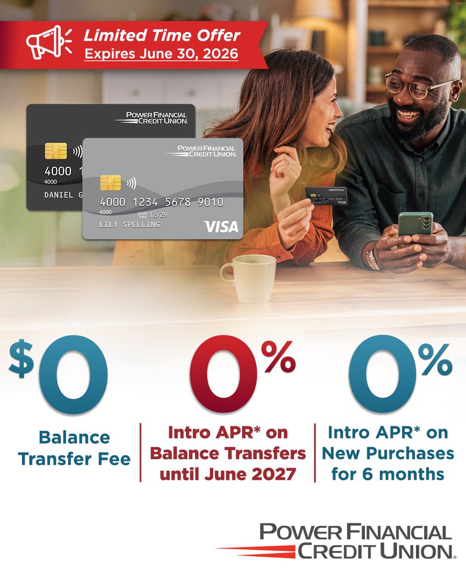 PowerFiCU's tweet photo. Zero never looked this good. 
- Enjoy 0% into APR* on Balance Transfer until June 2027
- 0% intro APR* on new purchases for 6 months
- $0 balance transfer fee*
Get your new PFCU Visa® Credit Card and start saving today! https://t.co/q2HdrAIOS2 https://t.co/wiLpHl9vzE