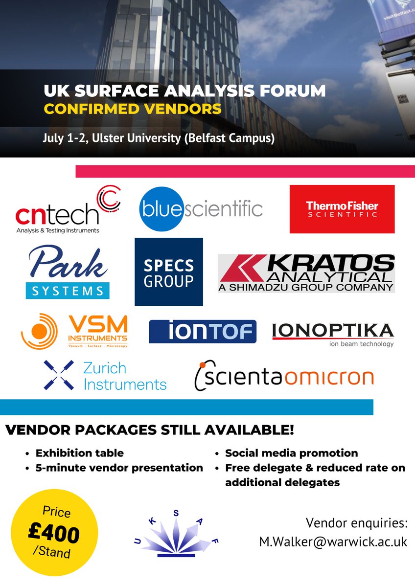 UKSAF1's tweet photo. We are gearing up for our meeting at Ulster University and are pleased to announce the following exhibitors:

@CNTech1, @scienta_omicron, @SPECS_GmbH, @thermofisher, VSM Instruments, @iontof, @IonoptikaLtd, @blue_scientific, @Park_Systems, Zurich Instruments, @KratosAnalytial https://t.co/aHosTaTWQ5
