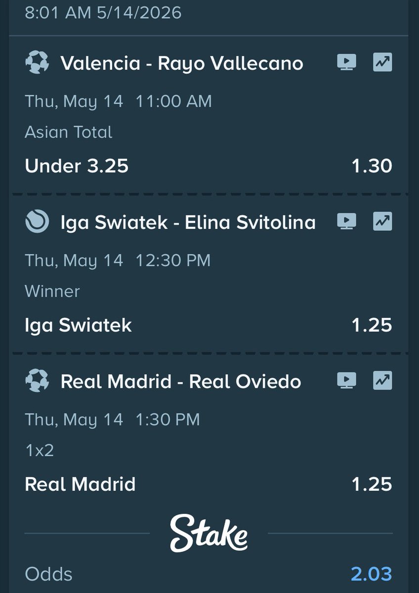 Billithebets's tweet photo. Empezamos el día con el parlay para crear bank nos vemos en cajas 😎

#ValenciaRayo  #Iga #Swiatek #Realmadrid #RealOviedo #Laliga #Freepicks https://t.co/9oA4nzRKqj