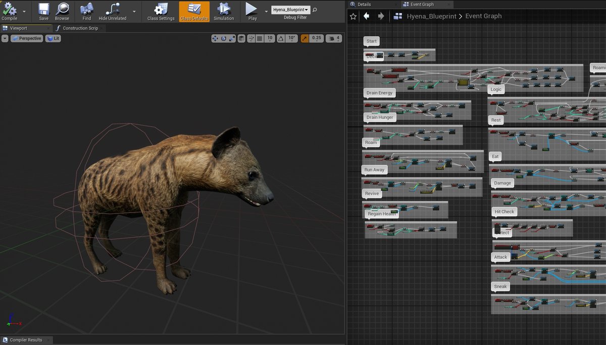 MEDHUE's tweet photo. Working on the Hyena's AI brain. I try to supply all my products with some code to make them work, because it kind of ruins the joy of buying things when you have to spend hours writing code to make them work. Much more fun to just drop it into a scene and watch it go. https://t.co/QjWxwAH8IL