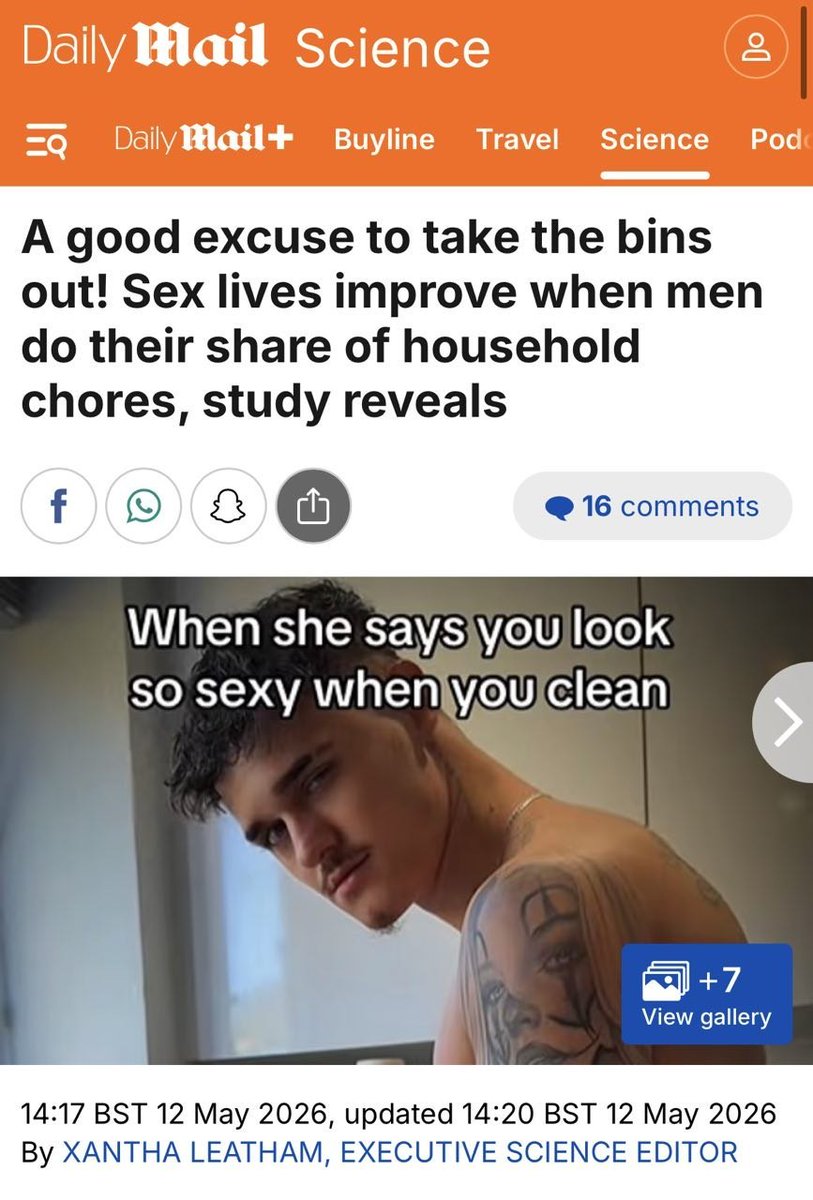 nexta_tv's tweet photo. Handy men are more attractive to women, study says

Scientists found that women’s libido increases noticeably when household duties are shared equally between partners, Daily Mail reports.

At the same time, if a man takes on all domestic responsibilities and becomes a full-time homemaker, the level of passion in the relationship tends to decline.

The key factor is balanced partnership — where the man is not helpless at home and knows the basics of everyday tasks.