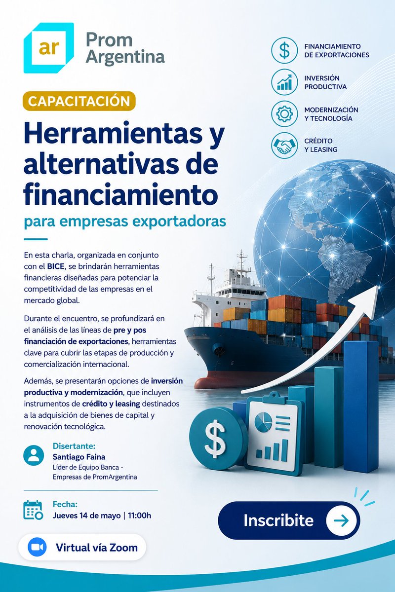 CtesExporta's tweet photo. 🌎💼 ¿Buscás herramientas para potenciar tus exportaciones?

Conocé opciones de financiamiento, inversión productiva y programas estratégicos para crecer y competir más. 🚀

👉 Inscribite: https://t.co/rFQJ62N1Hu https://t.co/qhHLvhBXv8