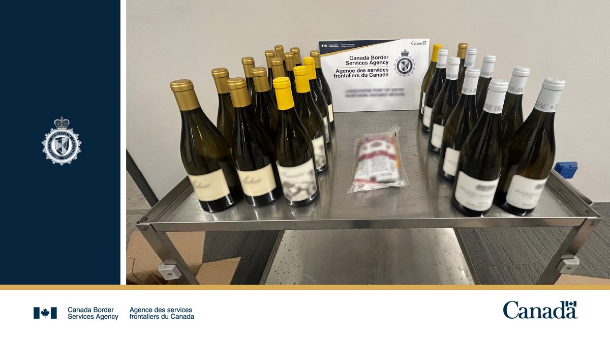 CanBorder's tweet photo. #CBSA officers at the #Lansdowne port of entry seized 29 bottles of wine and 5 packages of cigars from a traveller. The undeclared goods were valued at over CAN$11K. #BeAwareAndDeclare https://t.co/4foev9ye0C