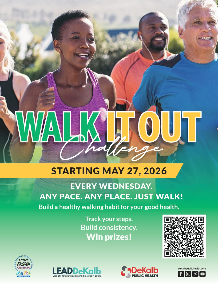 LEADDeKalb's tweet photo. It's almost that time DeKalb.......The Walk it Out Challenge starts May 27th! Scan the code and sign up for more information! Any Pace. Any Place. Just WALK! https://t.co/kGynI6IsWh