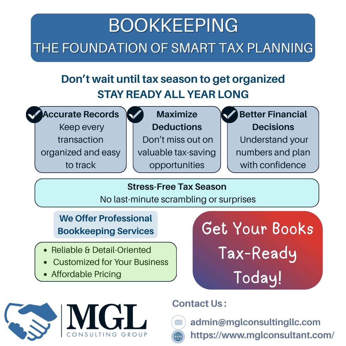MGL_TaxCFO's tweet photo. Clean books today=smarter tax savings tomorrow 

At MGL Consulting Group, we offer reliable, affordable bookkeeping services designed to keep your business organized and tax-ready all year long.

Ready to take control of your numbers? Let’s get your books in order! https://t.co/1uQloyuwtq