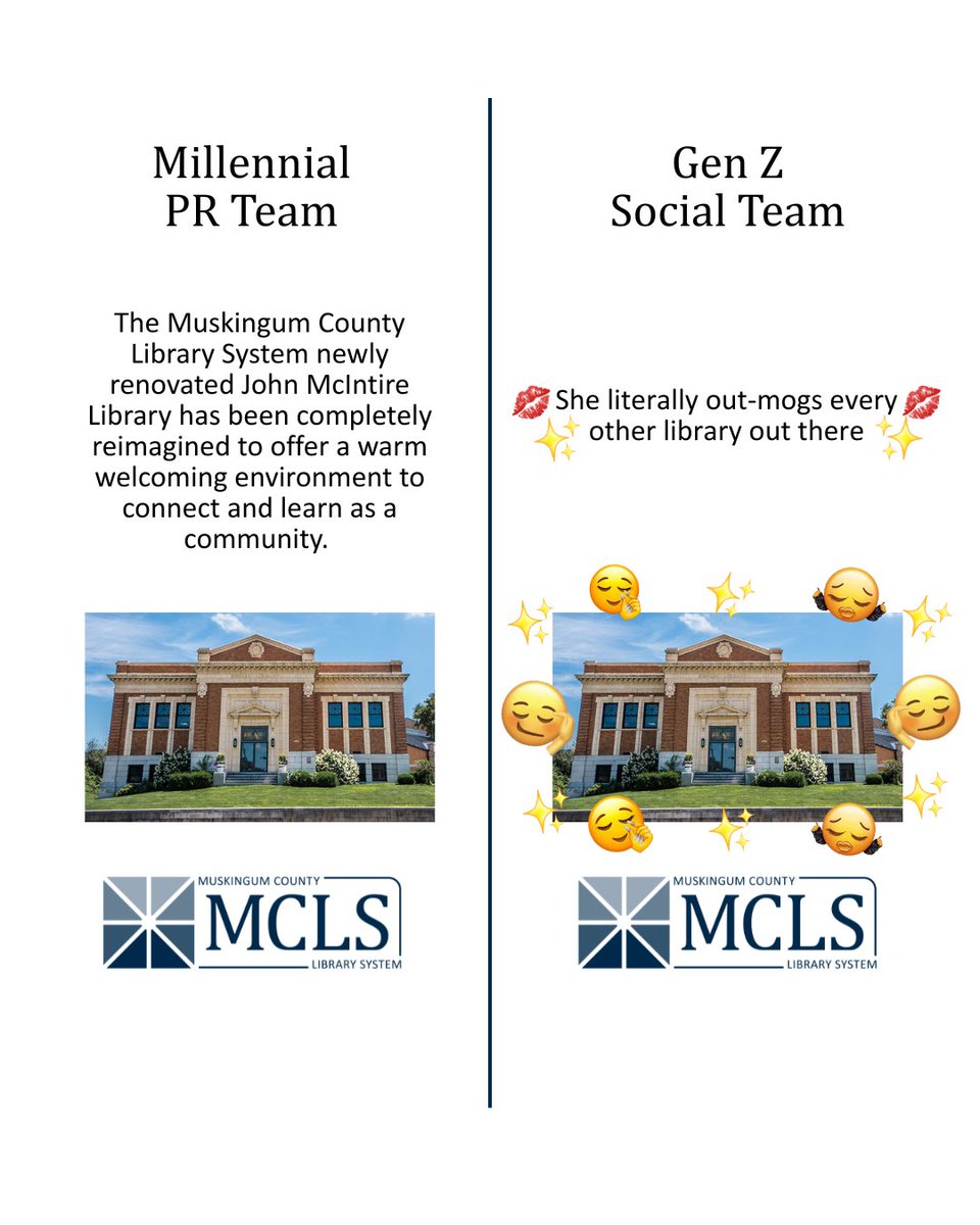 MuskingumLib's tweet photo. Millennials and Gen Z have very, different, ways of getting a point across. How would you describe the John McIntire Library remodel? 🤔 https://t.co/10UbVX1hj2