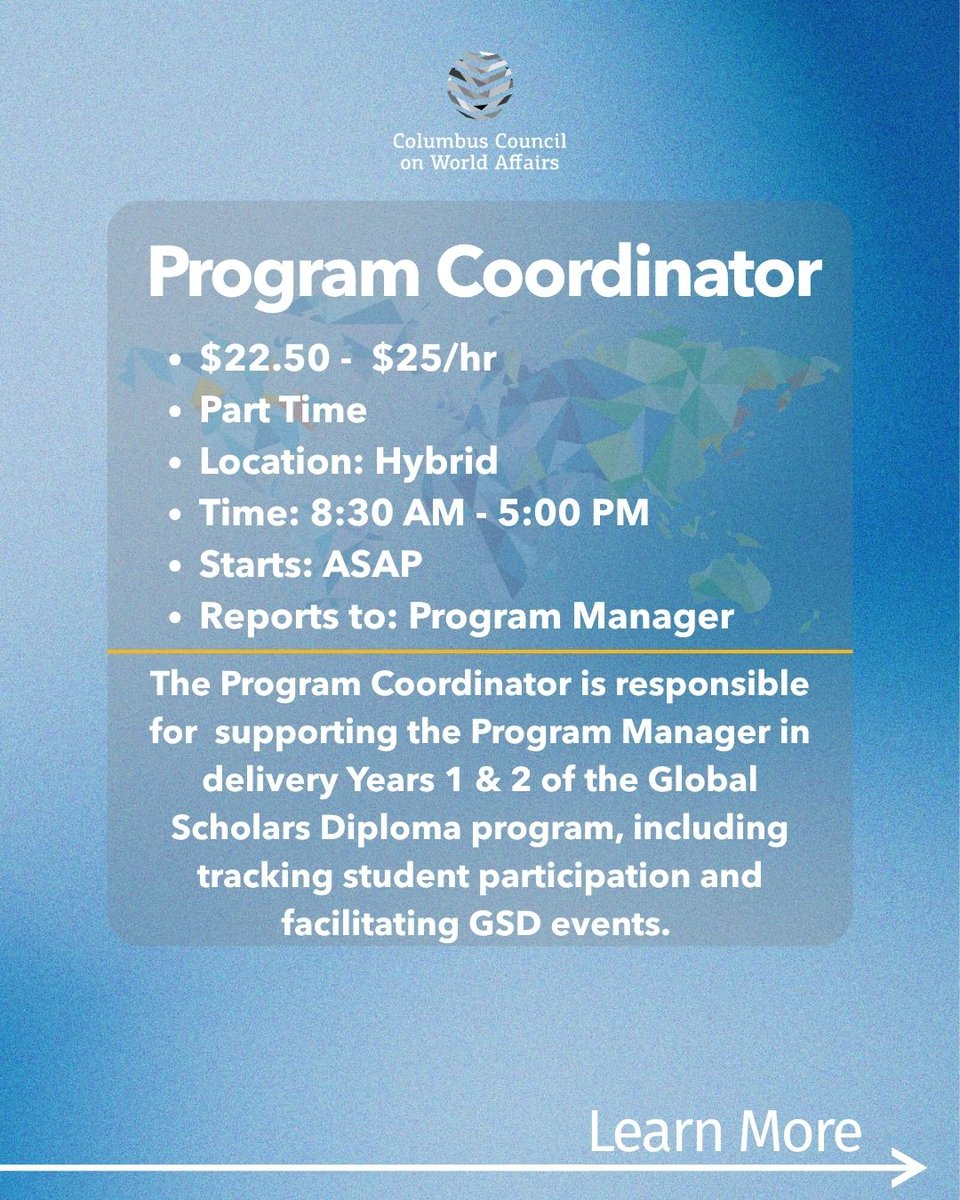 CbusCCWA's tweet photo. 🚨 NEW JOB ALERT 🚨

The Columbus Council on World Affairs is hiring a Program Coordinator to support the Global Scholars Diploma program.

Help us deliver high-impact programming that empowers communities to think globally and act locally.

https://t.co/txeCw67JsC https://t.co/VjII5xniwU