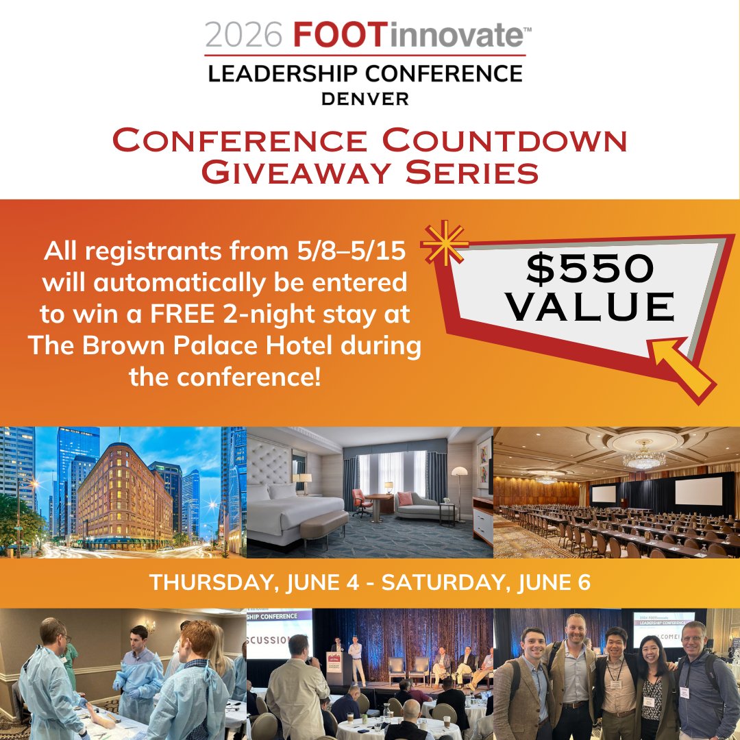 FootInnovate's tweet photo. 2 MORE DAYS to win 
FREE HOTEL ACCOMMODATIONS 
Register for the 2026 Foot Innovate Leadership Conference between 5/8–5/15 to be entered for a chance to win free hotel accommodations at The Brown Palace Hotel Thurs.&amp; Fri. nights-a $550 value!

Register: https://t.co/V9pO6usZ3f https://t.co/qV2zpH3ijL