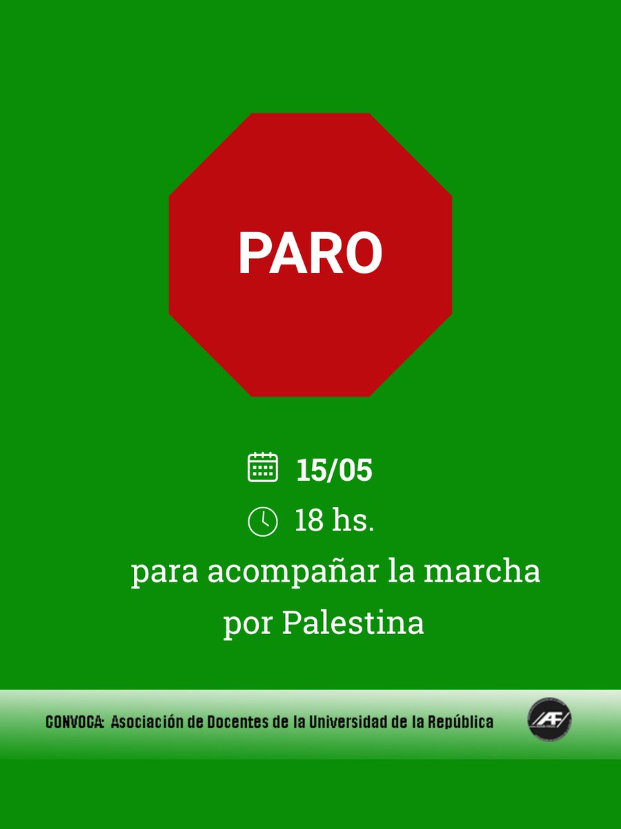 adur_udelar's tweet photo. Desde ADUR convocamos a un #paro parcial a partir de
 🕜18hs para acompañar a la 🇵🇸 #marchaporPalestina https://t.co/1Rnhiwm6Yk