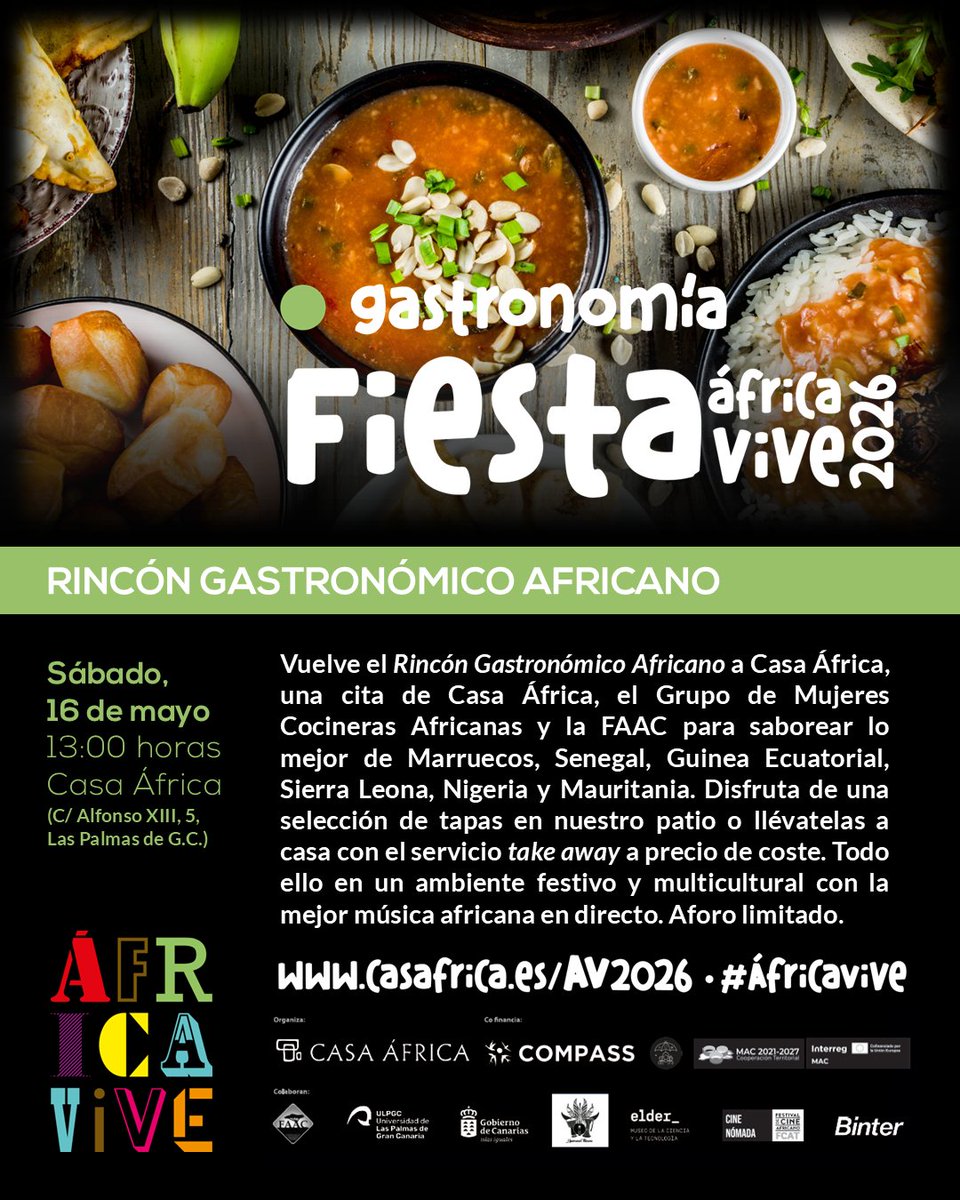 Casaafrica's tweet photo. 📆Sábado 16may
🕖13:00h
📍Patio de Casa África
🥗Rincón Gastronómico con platos de Marruecos, Senegal, Guinea Ecuatorial, Sierra Leona, Nigeria y Mauritania
🎟️Entrada gratuita. Comida y bebida de pago. Aforo limitado
👉+info>> https://t.co/8017lJxA9h https://t.co/kT6hzOqcL6
