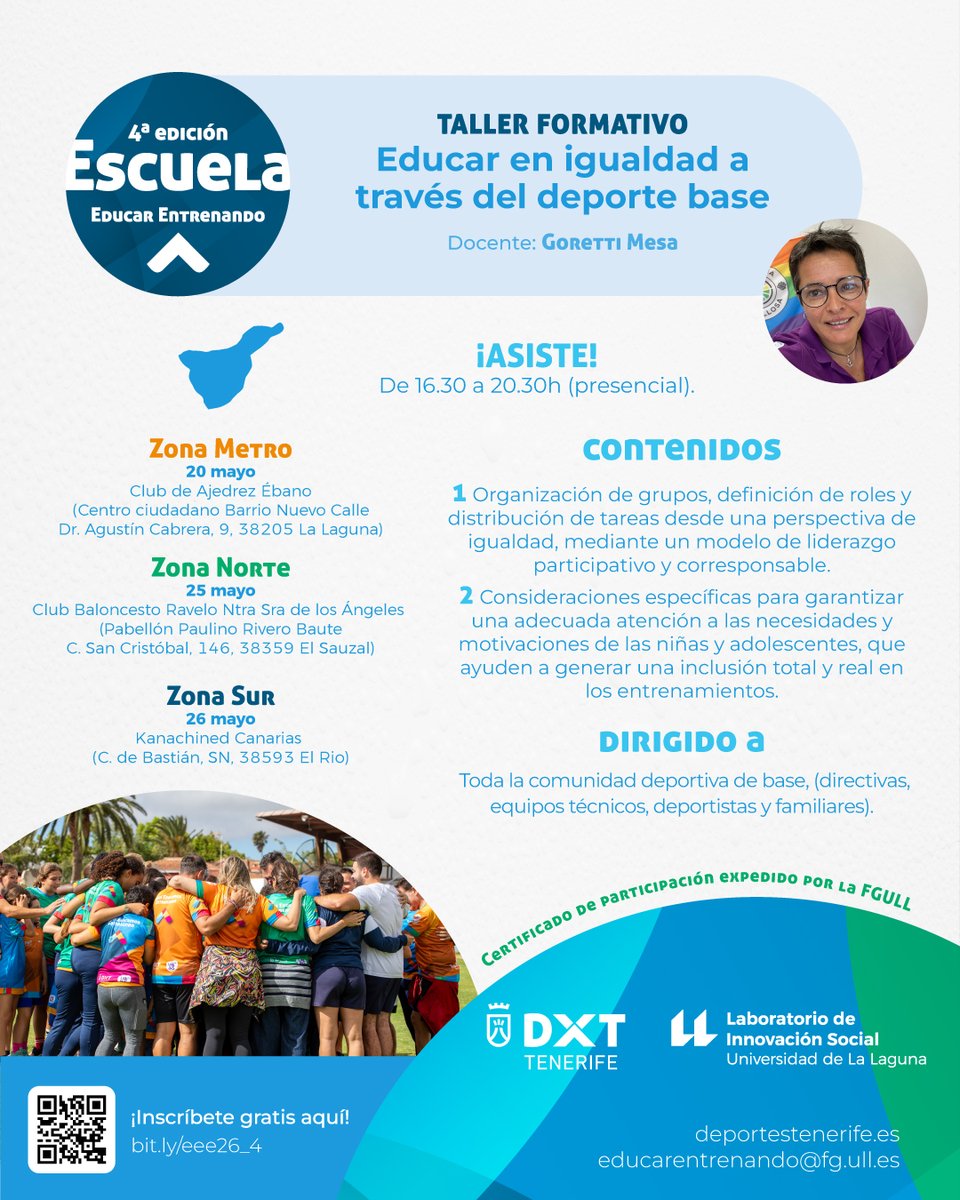 DXTenerife's tweet photo. ‼️ Atención, comunidad deportiva de base: directivas, equipos técnicos, deportistas y familiares

📝 Inscripción abierta para el taller formativo gratuito #EscuelaEducarEntrenando ‘Educar en Igualdad a través del deporte base’ https://t.co/xi6jm4dQ8J

#EducarEntrenando https://t.co/UE6RSQ1bV9