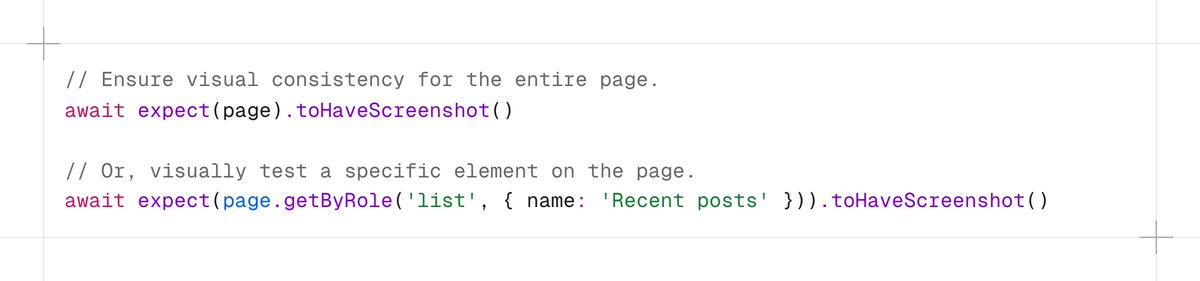 kettanaito's tweet photo. 💡 Did you know that Playwright has built-in visual regression testing?

You can assert on entire pages or individual locators with the same ".toHaveScreenshot()" matcher. https://t.co/uNr6GxPvhZ