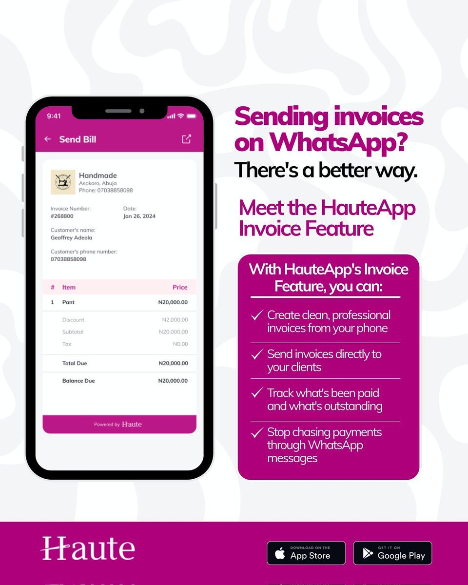 HauteApp's tweet photo. Sending invoices on WhatsApp? There's a better way. 😌

As a fashion designer, you deserve to look as professional as the work you deliver.

Look professional. Get paid properly. 💼

👉 Try HauteApp free link in bio

#HauteApp #FashionBusiness #FashionDesigners #CreativeEntrepreneurs #invoices