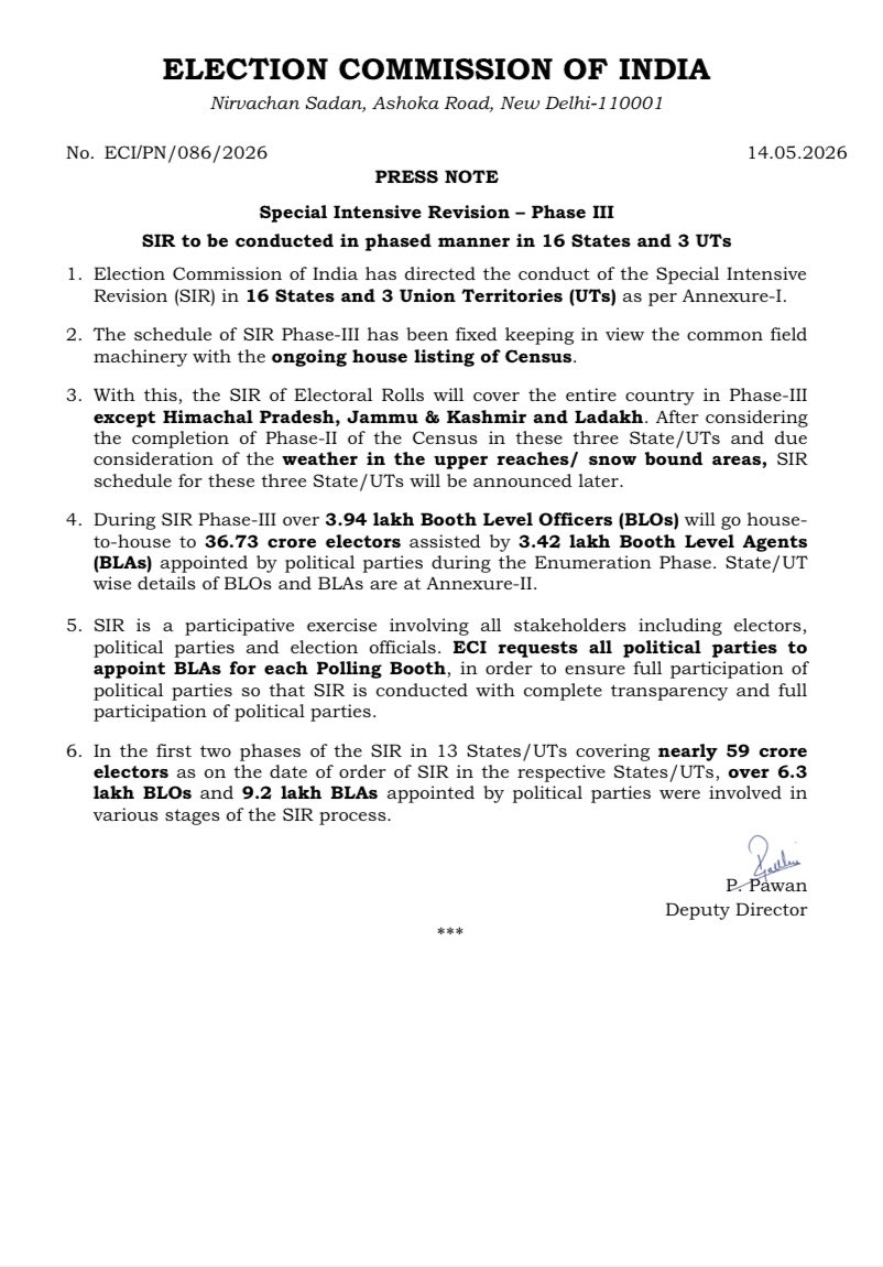 ceomizoram's tweet photo. Special Intensive Revision (SIR) - Phase III will be conducted by the Election Commission of India in 16 States and 3 UTs, including Mizoram. Over 3.94 lakh BLOs and 3.42 lakh BLAs will assist in covering 36.73 crore electors through house-to-house verification. @ECISVEEP https://t.co/WZLAoDO2O5