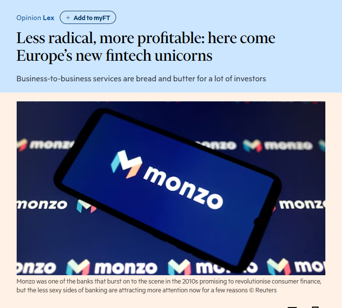 contextualss's tweet photo. European fintech investors are shifting from consumer banking to business lending, where revenue runs far higher per customer. 

Less radical, more profitable: here come Europe’s new fintech unicorns
https://t.co/x7Hk274iyy https://t.co/lPPJga0ncc