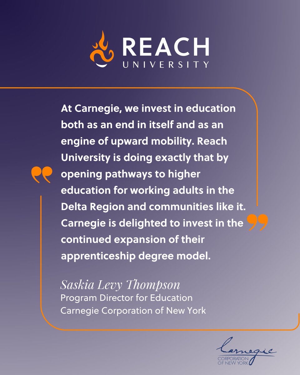 ReachUniversity's tweet photo. @CarnegieCorp has made a $2M investment in Reach's Apprenticeship Degree in the Delta Region. This funding is a signal + an invitation. We welcome funders who share a commitment to upward mobility and a new era in higher ed to also support this work. 

https://t.co/c9sJd1mB1t https://t.co/GIzn8Lgcas