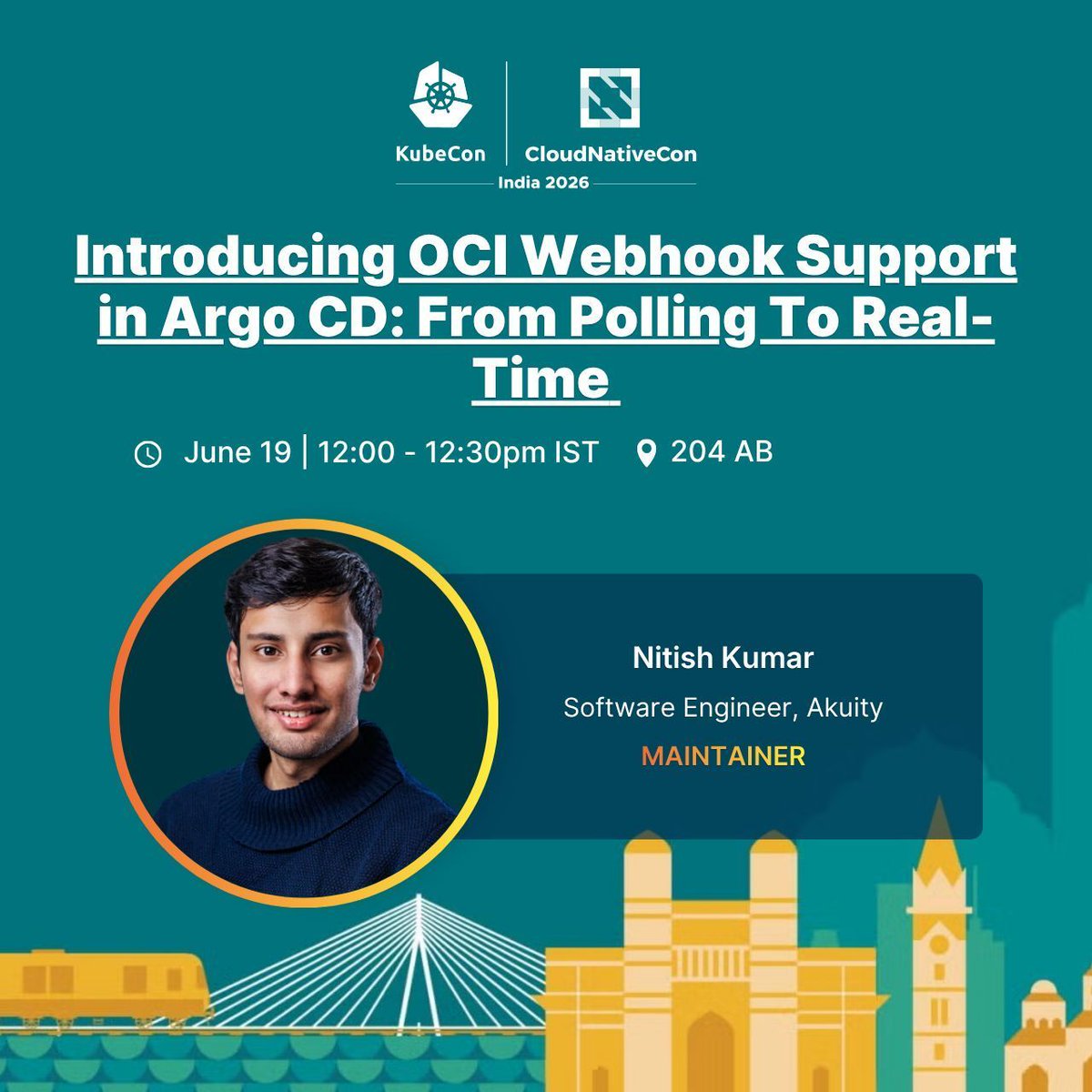 argoproj's tweet photo. Introducing OCI Webhook Support in Argo CD: From Polling To Real-Time
🗓 Friday, June 19, 2026
⏰ 12:00pm - 12:30pm IST
📍 204 AB

Join Nitish Kumar (Akuity) to learn how Argo CD is bringing real-time reconciliation to OCI-based workflows with webhook support for OCI-compliant registries like GHCR and Docker Hub.

Learn more & save to your calendar: https://t.co/HpK1C3jXYJ 
Explore the full agenda: https://t.co/Ow5rSn2kEZ
#ArgoCD #GitOps #CloudNative #Kubernetes