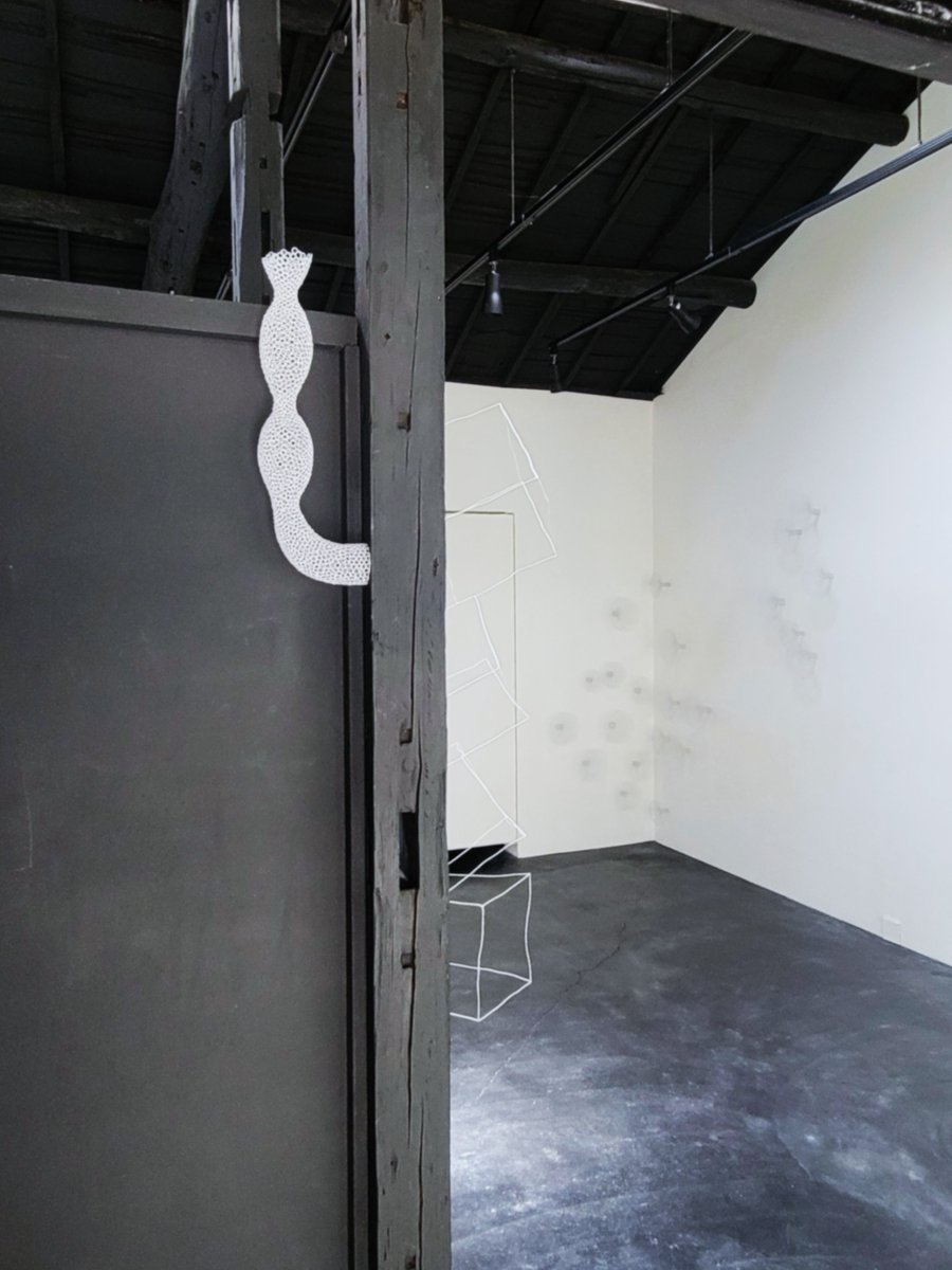 plus1art's tweet photo. ｜浮川秀信・谷口 歩＼カーブのある交差点｜5/13ー23｜日月火休廊
本展では、2人の作家による細い金属の線から生まれる造形によって空間を構成する。ピアノ線を銀ロウで接合した浮川の立体は、わずかに揺らぐ線が見る角度によって多様な様相を見せ、輪郭は次第に曖昧さを帯びる。(美術手帖WEB) https://t.co/xV5xkfKjyP