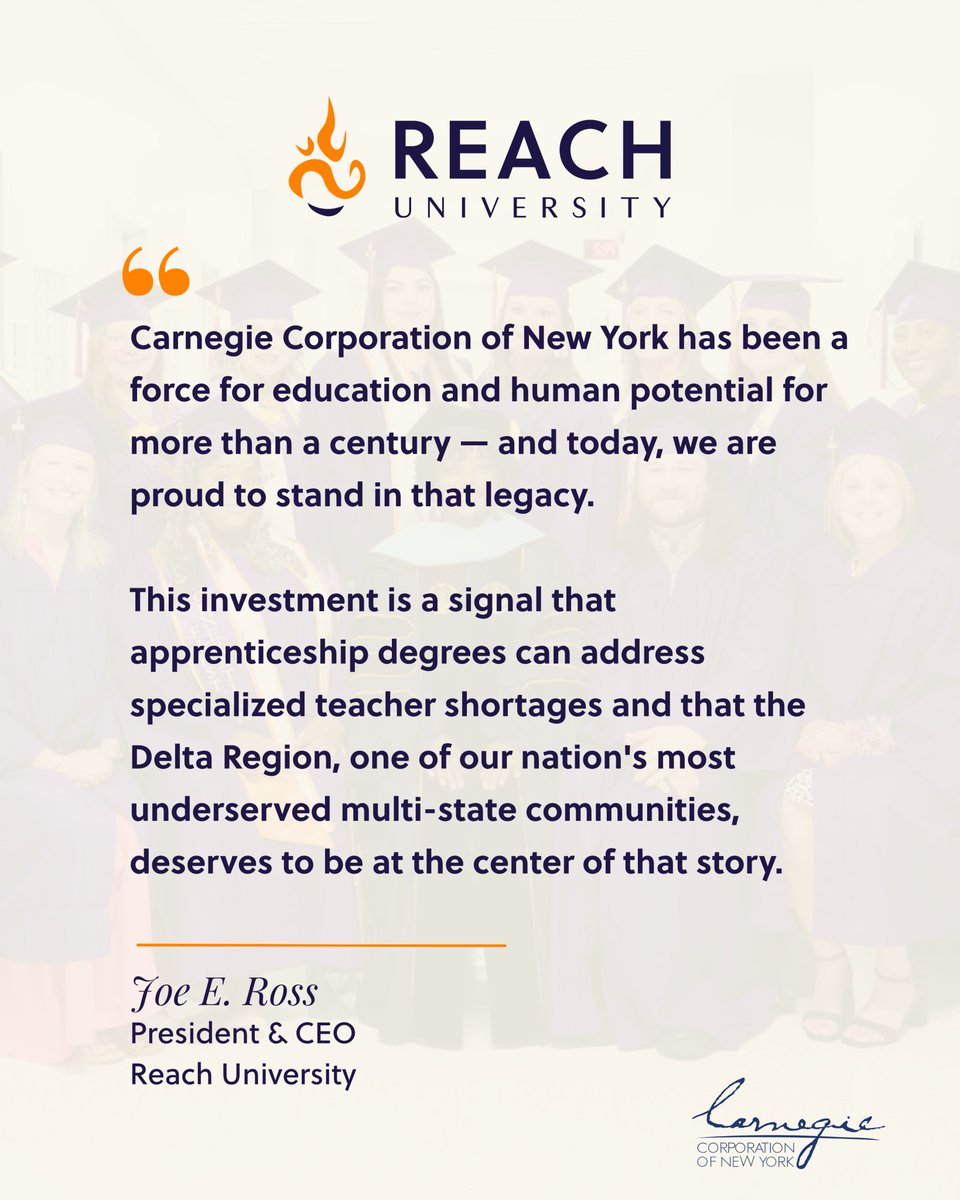 ReachUniversity's tweet photo. @CarnegieCorp has made a $2M investment in Reach's Apprenticeship Degree in the Delta Region. This funding is a signal + an invitation. We welcome funders who share a commitment to upward mobility and a new era in higher ed to also support this work. 

https://t.co/c9sJd1mB1t https://t.co/GIzn8Lgcas