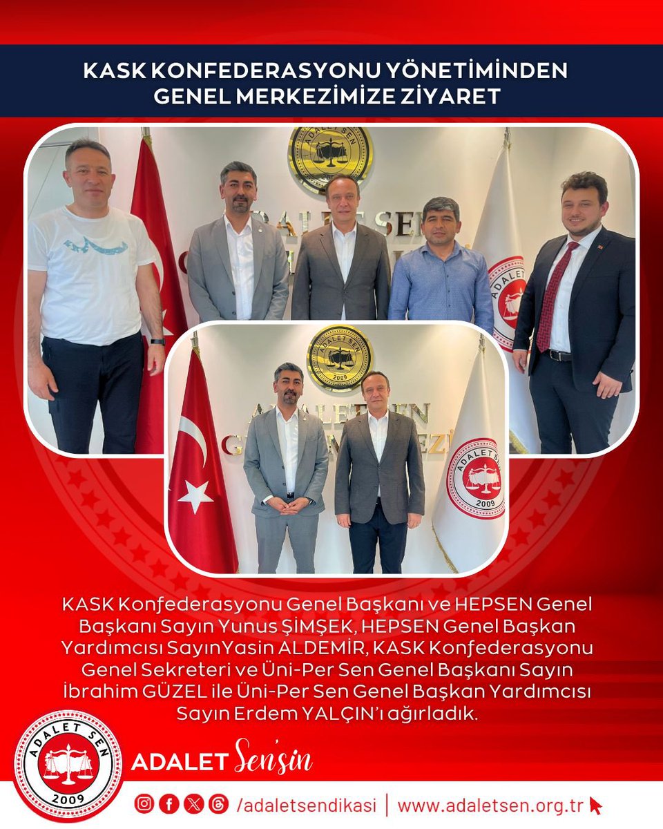 niyaz_dulger's tweet photo. KASK Konfederasyonu Yönetiminden Genel Merkezimize Ziyaret

Bugün Genel Merkezimizde, KASK Konfederasyonu Genel Başkanı ve HEPSEN Genel Başkanı Yunus Şimşek, HEPSEN Genel Başkan Yardımcısı Yasin Aldemir, KASK Konfederasyonu Genel Sekreteri ve Üni-Per Sen Genel Başkanı İbrahim Güzel ile Üni-Per Sen Genel Başkan Yardımcısı Erdem Yalçın’ı ağırlamaktan memnuniyet duydum.

Gerçekleştirdiğimiz görüşmede çalışma hayatına ilişkin güncel gelişmeleri, sendikal süreçleri ve ortak çalışma alanlarına ilişkin değerlendirmelerde bulunduk.

Nazik ziyaretleri ve kıymetli değerlendirmeleri dolayısıyla kendilerine teşekkür ediyor, çalışmalarında başarılar diliyorum. @adaletsendikasi @ynsmsek @kaskkonf