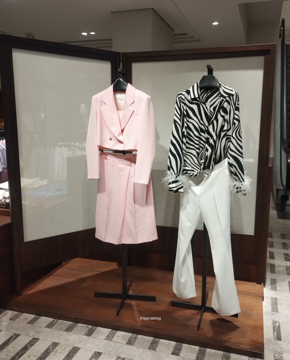 thinkretail's tweet photo. Zara Turin - Spring 2026 Collections - pink suit of blazer and skirt, patterned black and white blouse with white trousers #zara #ispirablog https://t.co/bqCgIhz0gX https://t.co/mMFOM8K1pb