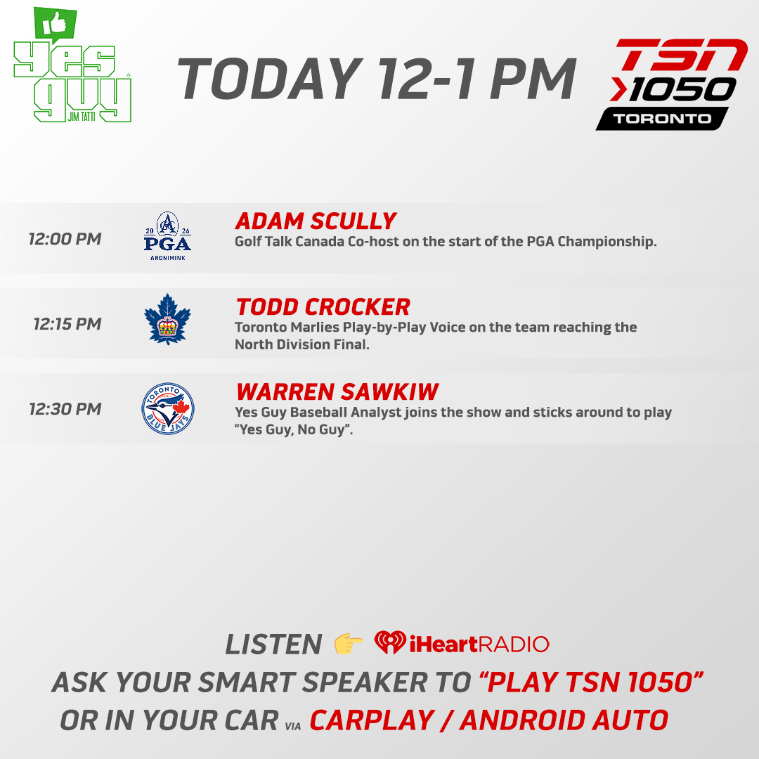TSN1050Radio's tweet photo. On today's episode of #YesGuy, @jimtatti will be joined by @adam_scully, @ToddCrocker and @warrensawkiw!
Listen from 12-1pm on your home speakers, @TSN_Sports App, @iHeartRadioCA App or https://t.co/ovcZyzlvOU! https://t.co/hKFhWQSXkK