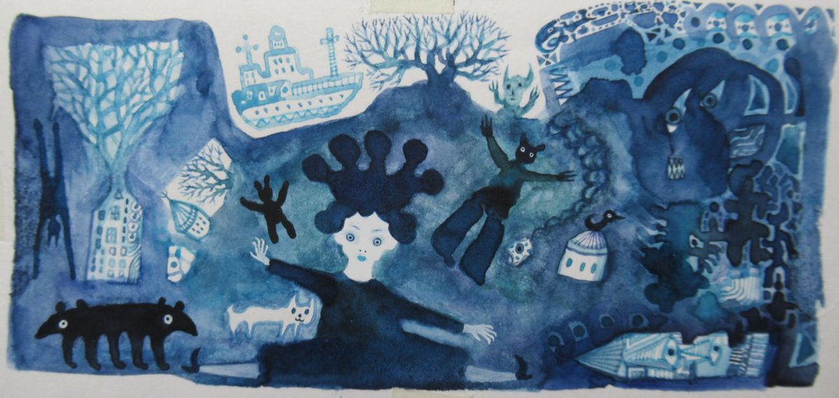 加筆中の絵『水海の世界』水彩紙、透明水彩、26.5.14現在