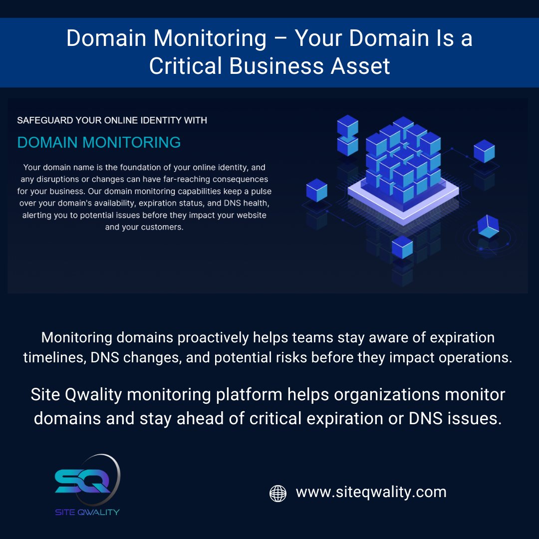 SQwality's tweet photo. Domain Monitoring – Your Domain Is a Critical Business Asset

Your domain is more than just a web address.
It represents your business identity online.
If a domain expires unexpectedly or DNS records change incorrectly, entire systems can become inaccessible.
Websites stop loading.
Emails stop working.
User trust is affected immediately.

The problem is that domain-related issues are often overlooked until they create major disruptions.
Monitoring domains proactively helps teams stay aware of expiration timelines, DNS changes, and potential risks before they impact operations.

Because protecting your online presence starts with protecting the foundation of it.

Site Qwality monitoring platform helps organizations monitor domains and stay ahead of critical expiration or DNS issues.

Visit here: https://t.co/clkKGOFg6o

#domainmonitoring #dns #infrastructure #startup #technology