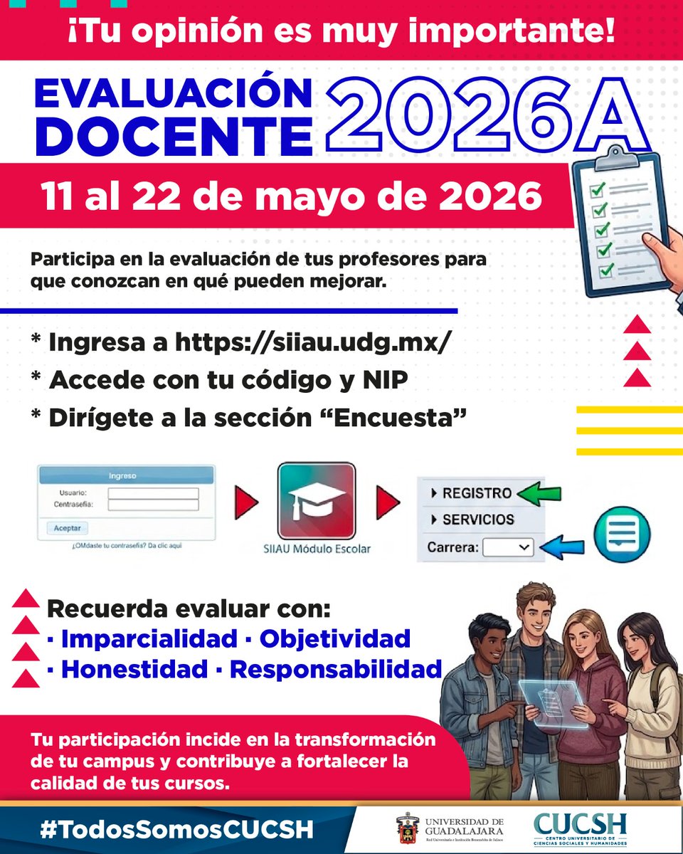 LetrasCUCSH's tweet photo. Evaluación Docente 2026A
Periodo de evaluación: 11 al 22 de mayo de 2026.
Ingresa a: https://t.co/6MU1jLJcpY
Accede con tu código de estudiante y NIP.
Dirígete a la sección "Encuesta".
Selecciona tu carrera y completa la evaluación para cada docente.
Agradecemos tu colaboración. https://t.co/po3ZHKBPK4