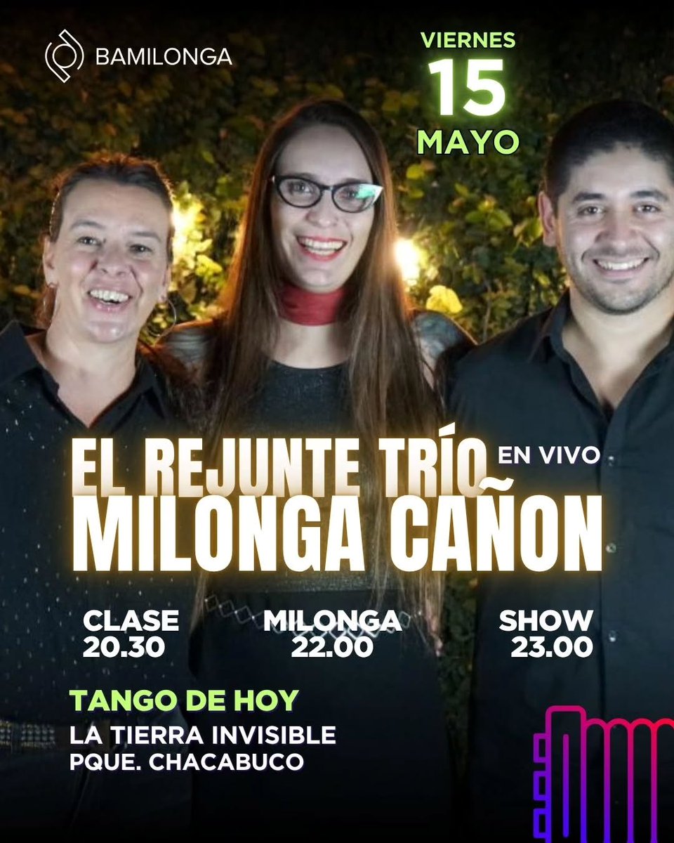 tangocanion's tweet photo. Vie 15.5
👐Milonga Cañón    
• 20:30 h Clase de Tango: Fer Valenzuela   
• 22h a 2 am Milonga: Musicaliza DJ Tandas Nuevas     
• Música en vivo:  El Rejunte Trio
• La Tierra Invisible: Del Barco Centenera 1099, #parquechacabuco 
#milonga #tango https://t.co/1Aeqv4CQoR