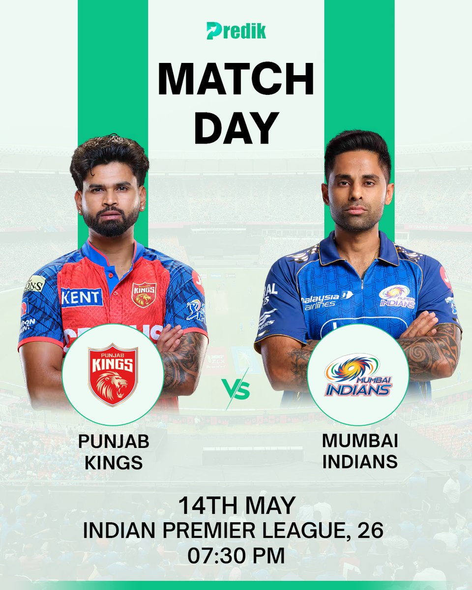 predik_official's tweet photo. PBKS 🆚 MI — aaj ka dhamakedaar clash ready hai! 🔥🏏
Punjab ka attacking game ya Mumbai ka champion mindset — kaun marega baazi aaj? 👀🤔

#PBKSvsMI #IPL2026 #PunjabKings #MumbaiIndians #MatchDay #CricketFever #Predik #PlaySmart #WinningOpportunity #HighVoltageClash https://t.co/XzKE1NNPMm