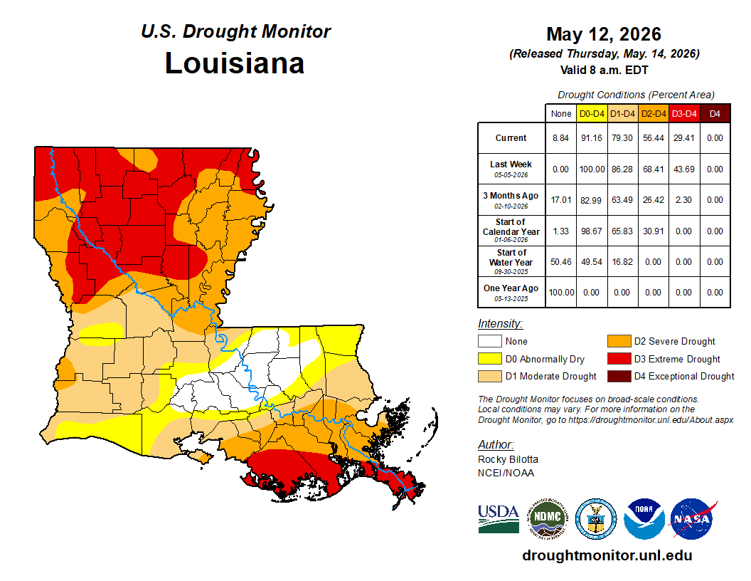 LaStateClimate's tweet photo. After the rains of the past few days, the new U.S. Drought Monitor released today showed significant improvements across the state, particularly in central and southern Louisiana.  There is more good news as conditions look to remain wet the next two weeks. https://t.co/NGiAK2e06D