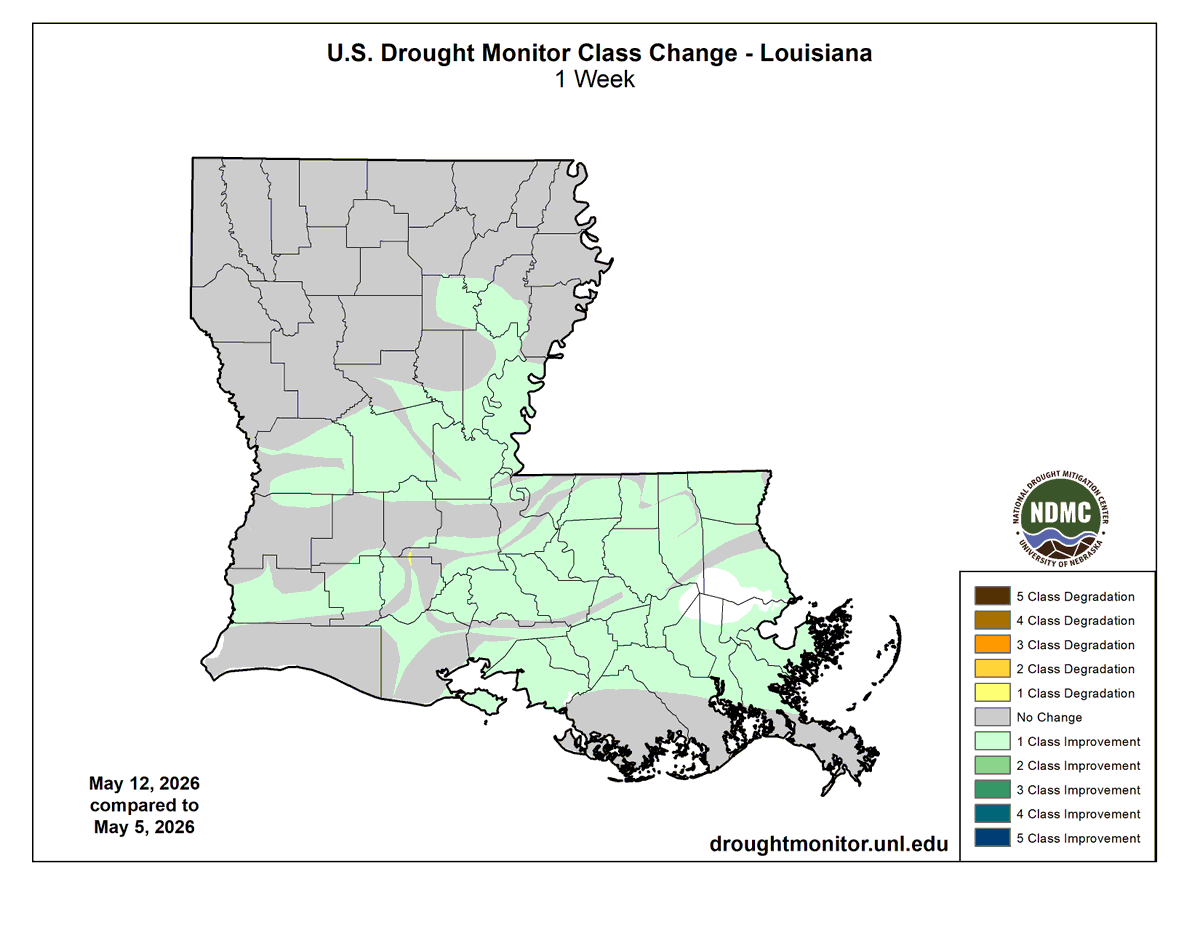 LaStateClimate's tweet photo. After the rains of the past few days, the new U.S. Drought Monitor released today showed significant improvements across the state, particularly in central and southern Louisiana.  There is more good news as conditions look to remain wet the next two weeks. https://t.co/NGiAK2e06D