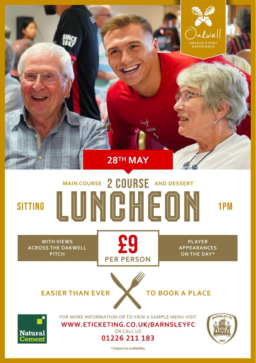 OakwellEvents87's tweet photo. 🍽️ Oakwell Luncheon – 28th May

Enjoy our two-course dining experience (main & dessert) from 1:00pm, set against stunning views overlooking the Oakwell pitch ⚽

👥 £9 per person
⭐ Player appearances on the day*
📞 01226 211 183
🌐 https://t.co/eJBLV4g1wu 

*Subject to availability