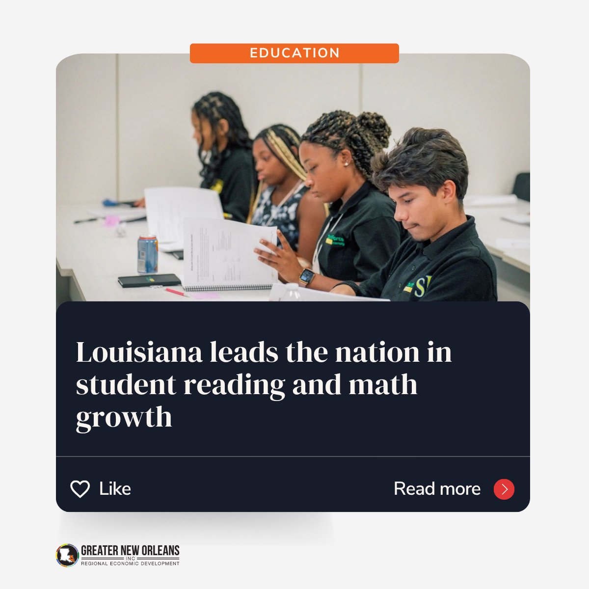 GNOinc's tweet photo. Louisiana is the only state where students are performing above pre-pandemic levels in both reading &amp; math. A new study from Harvard, Stanford &amp; Dartmouth ranked us 1st in reading growth and 2nd in math. The rest of the U.S. is catching up.

Learn more: https://t.co/xWrD0QJbNz https://t.co/0TuuIioiTb
