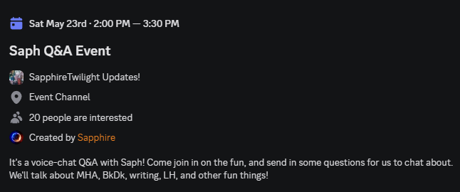 SapTwilight's tweet photo. Guess it's that time of the year again...

I've already had an AMAZING morning with my Discord, who have been smothering me with HBD messages.

So I thought I'd use this to let everyone know...

On May 23rd, 2pm EST, I'll be doing a live chat in my Discord! Details ⬇️ https://t.co/Y6B0yRGOrU